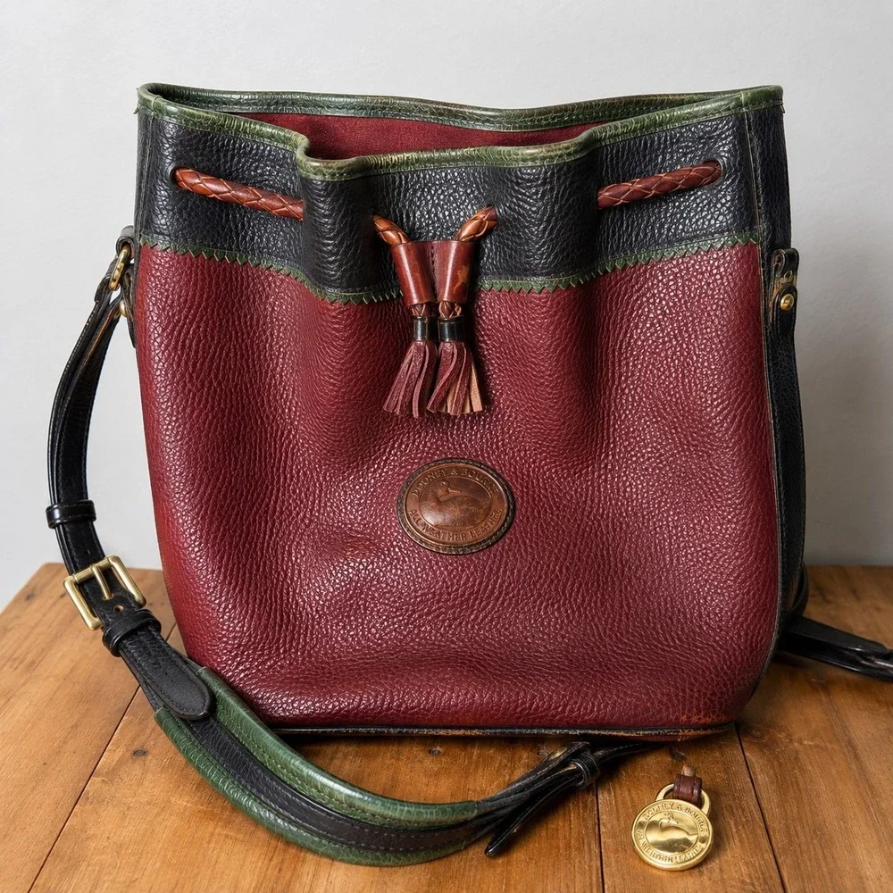 Vintage Dooney & Bourke AWL Burgundy Leather Bucket Shoulder Bag Drawstring